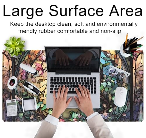 Stained Glass Tree Desk Mat Cartoon Tree Gaming Mouse Pad Large XXL Extended Desk Matt for Desktop, Laptop Computer Keyboard Mouse Mat for Women Office Decor Accessories Deskmat 31.5''x15.7'' - view 4
