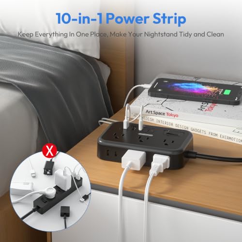 Flat Plug Extension Cord 10 Ft, 6 Widely Spaced Outlet(2 Side) Power Strip with 4 USB Ports, Overload Protection, Wall Mount Charging Station for Home Office, Nightstand and dorm room, Black - view 4