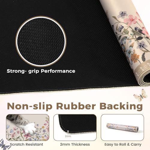 Beige Floral Desk Pad, Large Keyboard Mat Stitched Edge Surface - view 4