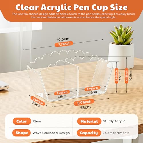 Clear Acrylic Pen Holder,2-Compartment Scalloped Desk Caddy - view 3