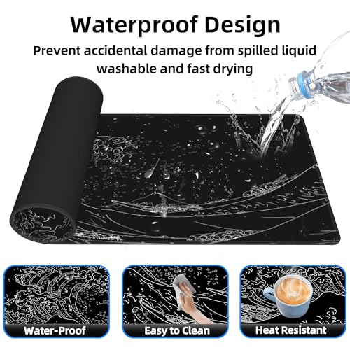Japanese Sea Wave Extended Big Mouse Pad Large,XL Gaming Mouse Pad Desk Pad,31.5x11.8inch Long Computer Keyboard Mouse Mat Mousepad with 3mm Non-Slip Base and Stitched Edge for Home Office Work - view 4