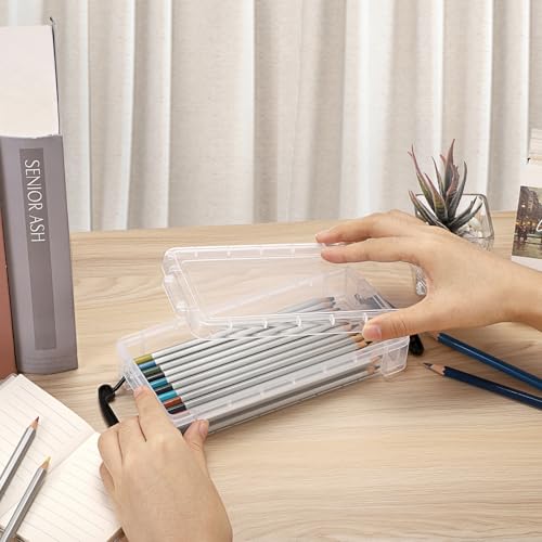 1 Pack Modern Plastic Pencil Box, Clear Marker Organizer, Stackable Storage Box for Painting Brushes Pencils, Crayon Case Pen Container with Snap-tight Lid for Drawing Tools Small Items (Black) - view 2