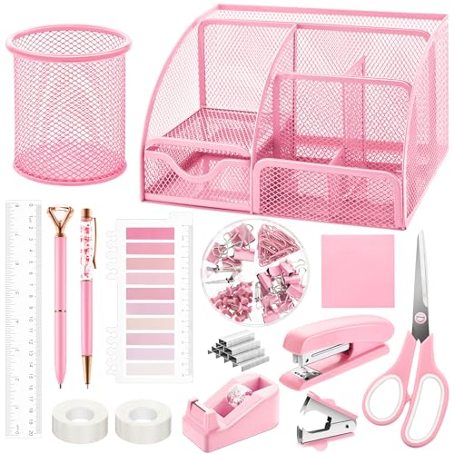 11 Pcs Pink Office Supplies Set Mesh Desk Organizer Accessories Kit