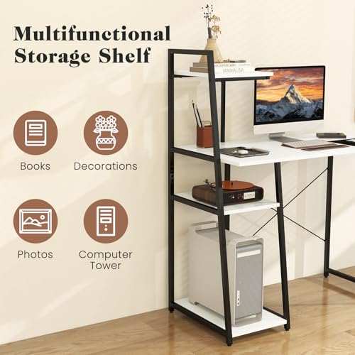 Computer Desk with Shelves, Space Saving Home Office Desk with 3-Tier Ladder Shaped Storage Bookshelf, Modern Writing Study Desk with Metal Frame, Compact Computer Workstation (White) - view 6