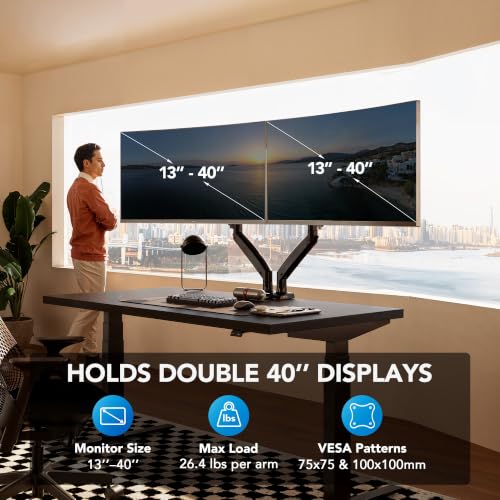 Dual Monitor Stand for 13″–40″, Premium Dual Monitor Mount with USB, Height Adjustable Monitor Stand for 2 Monitors, VESA Mount with Clamp/Grommet Base, Holds 26.4lbs per Arm, HNDS7 - view 2