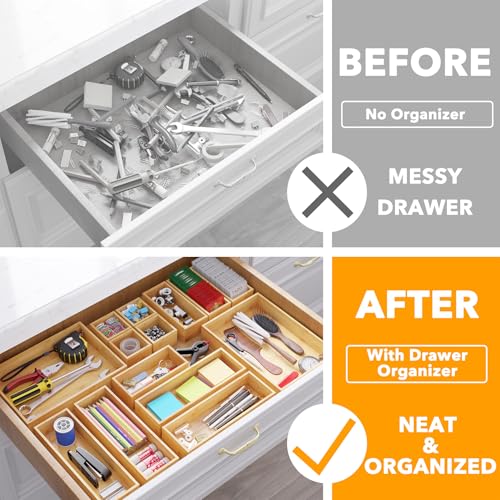 14-Piece Bamboo Drawer Organizer Storage Boxes Set, Wood Tray Junk Drawer Organizers Multi-Use Divider Bins for Kitchen, Bathroom, Office Desk and Makeup Organization (14 Pack, Natural) - view 2