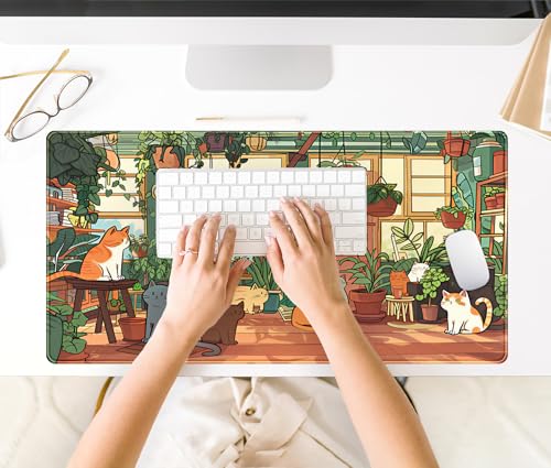 Large Desk Mouse Pad Cute Cats Desk Mat, Extended Gaming Mouse Mat, Office Home Keyboard Pad, Green Plant Computer Mats XXL, Cute Full Desktop Mat, Anime PC Accessories for Women 31.5" x 15.75" - view 6