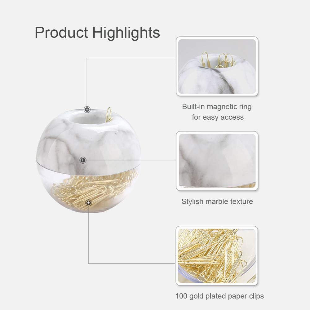 NE-Clip-Marble-Round Paper Clips in Elegant Magnetic Marble White Clip Holder, 28mm, Gold, 100 Clips Per Box | Cute Paperclip Desk Organizer with 100 Pcs 28mm Gold Clips for Office, School and Home Accessories - view 2