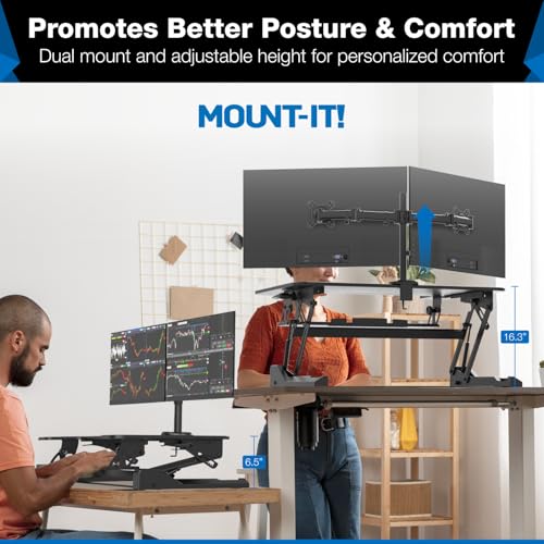 Mount-It! Standing Desk Converter Dual Monitor, 2 Screen Mounts Included, Height Adjustable Desk Riser in Black, Stand Up Desk Convertor Large 36" Wide, Sit Stand Convertor with Manual Lift Gas Spring - view 2