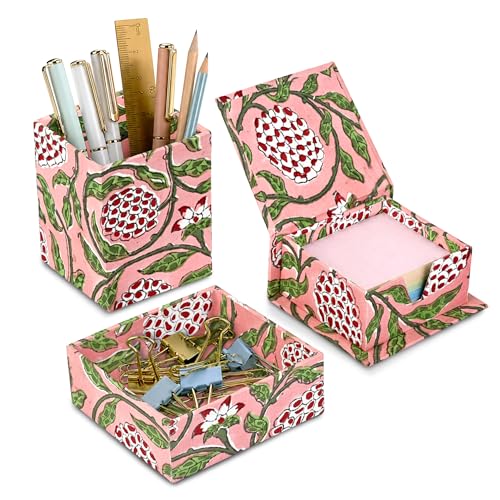 Strawberry Pink Block Print Desk Organizer Pen & Notepad Holder Set-3