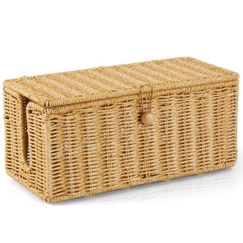 Cable Management Box, Handwoven Synthetic Rattan Cable Organizer, 2 Side Open Slots Cords Hider Box, Under Desk Cord Organizer for USB Wire, TV PC Charger & Power Strip, Natural