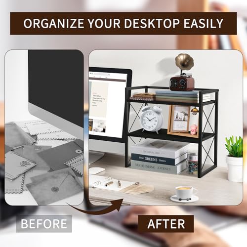 Desktop Shelf Organizer, 2 Tier Office Shelves, Wood Desk Organizer Storage Rack and Freestanding Display Shelf for Office, Dormitory, Home(Black) - view 5