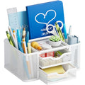 Mesh Desk Organizer, Pen Organizer with 2 Drawer, Multi-Functional Pencil Holder, Desk Organizers and Accessories with 5 Compartments + Drawer for Office Art Supplies (White)