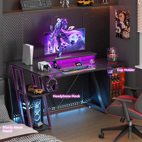 47 Inch Gaming Desk with Power Outlet, LED, Carbon Fiber Black - view 6