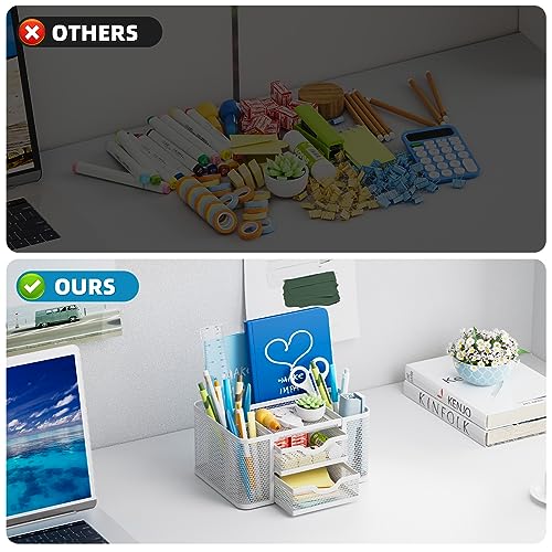 Mesh Desk Organizer, Pen Organizer with 2 Drawer, Multi-Functional Pencil Holder, Desk Organizers and Accessories with 5 Compartments + Drawer for Office Art Supplies (White) - view 7