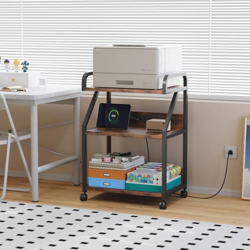 Large 3-Tier Printer Stand with Charging Station, Rustic Brown - view 7