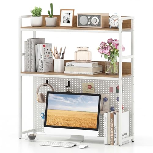 Desktop Bookshelf, Multipurpose 2-Tier Desk Hutch with Pegboard, Industrial Countertop Storage Organizer Rack for up to 32" Computer Monitor, Hutch for Dorm Home Office (Natural)
