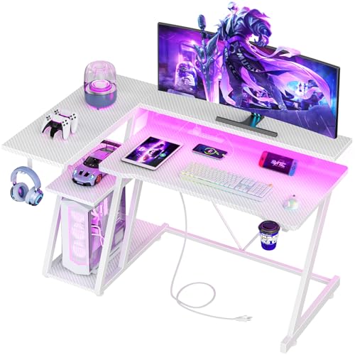 40 Inch Gaming Desk with Power Outlet, LED, Carbon Fiber White