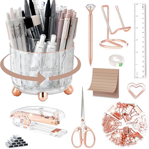Rose Gold Desk Accessories, Office Supplies Desk Organizers 360°Pen Holder Acrylic Stapler Set, Phone Holder, Ballpoint Pen, Scissor, Binder Clips, Ruler, Transparent Glue, Sticky Note and Staples.