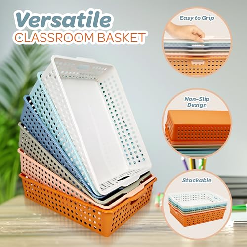 6 Pack Classroom Paper Baskets, Organizing Desk Boho Tray for A4 Papers, Classroom Storage Plastic Paper Bins, Fun Turn In Trays for Teachers and Students, Office Desk Room Trays - view 5