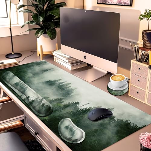 Forest Desk Pad Large Gaming Mouse Pad Set 35.4 x 15.7 with Keyboard Wrist Rest, Wrist Support, and Coaster Memory Foam Smooth Desk Pad Mousepad for Home Office School - view 2
