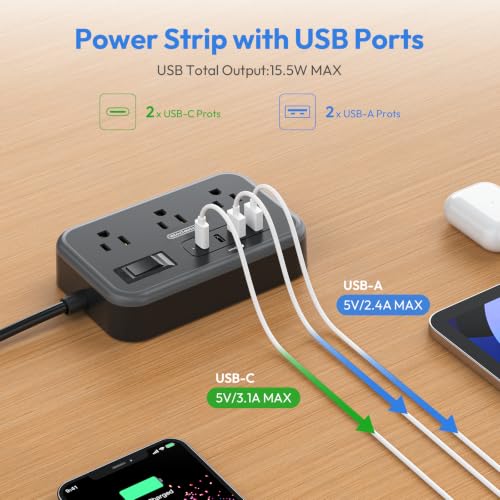 Flat Plug Extension Cord 10 Ft, 6 Widely Spaced Outlet(2 Side) Power Strip with 4 USB Ports, Overload Protection, Wall Mount Charging Station for Home Office, Nightstand and dorm room, Black - view 5