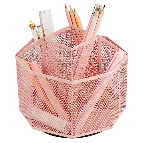 Mesh Desk Organizer Rotate with 5 Compartments Spinning Tidy Candy/Pen Holder Office, Art Supply, Storage, Classroom, Home (Light Pink)