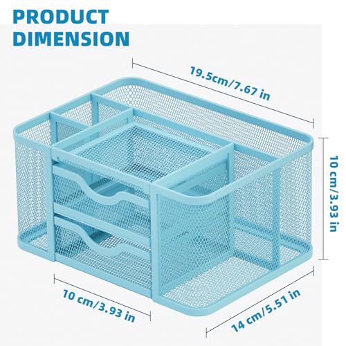 Mesh Desk Organizer, Pen Organizer with 2 Drawer, Multi-Functional Pencil Holder, Desk Organizers and Accessories with 5 Compartments + Drawer for Office Art Supplies (Blue) - view 4