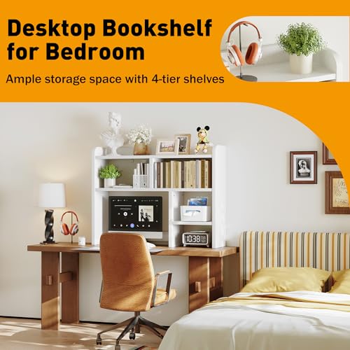 Desk Shelf, Desktop Hutch with 6 Storage Areas, Desktop Organizer Shelf with 27" Large Monitor Compartment, Multipurpose Wood Desktop Display Rack for Computer Desk, Dorm, Office, Home (White) - view 4