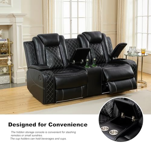 Power Recliner Sofa Set, Breathing Leather Reclining Couch Set, 3 Piece Living Room Furniture Set with LED Lights/Charging Ports/Storage for Home/Office (Black, Sofa+Loveseat+Chair) - view 6