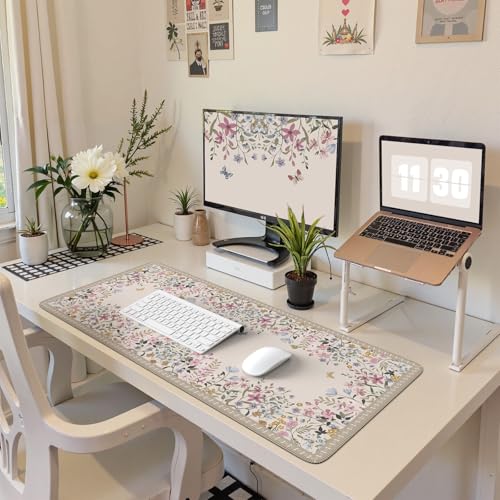 Beige Floral Desk Pad, Large Keyboard Mat Stitched Edge Surface - view 6