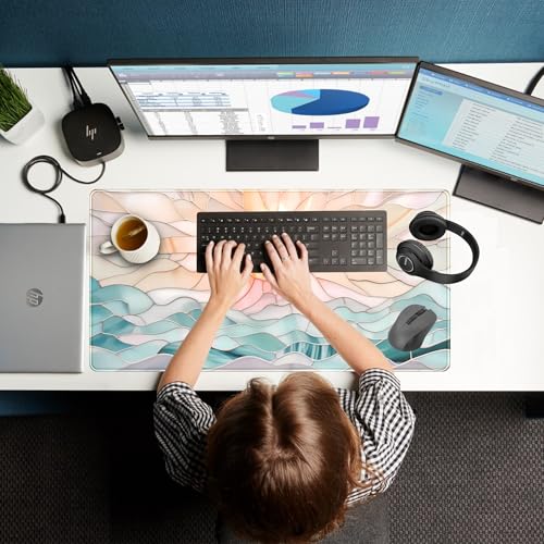 Desk Mat Gaming Desk Pad Large Mouse and Keyboard Pad, Abstract Serene Ocean Sunrise Mouse Mat XXL, Pastel Desk Protector Mat Computer Mats for Desktop Sun & Waves Office Decor 31.5" x 15.7" - view 7