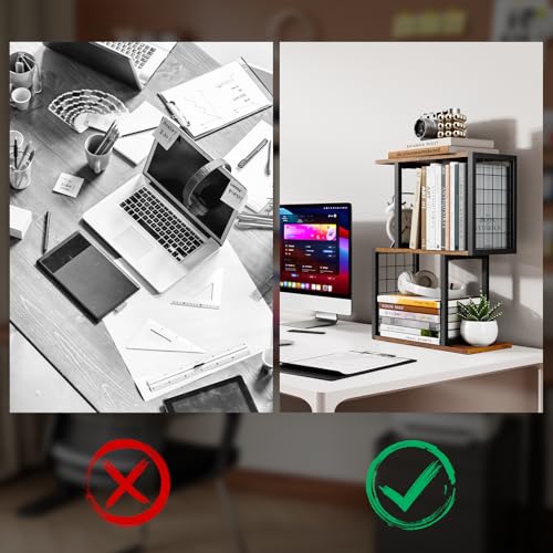 Desktop Bookshelf,3-Tier Desk Organizer Shelf with Hooks Desk Organization Deals for Office Storage Rustic Brown - view 6