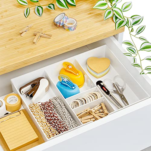 2PK - 3 Slot Drawer Organizer with Two Adjustable Dividers - 5 Compartments Drawer Storage Junk Drawer Organizer for Office Desk Supplies and Accessories, White - view 6