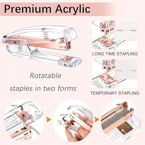 Rose Gold Desk Accessories, Office Supplies Desk Organizers 360°Pen Holder Acrylic Stapler Set, Phone Holder, Ballpoint Pen, Scissor, Binder Clips, Ruler, Transparent Glue, Sticky Note and Staples. - view 3