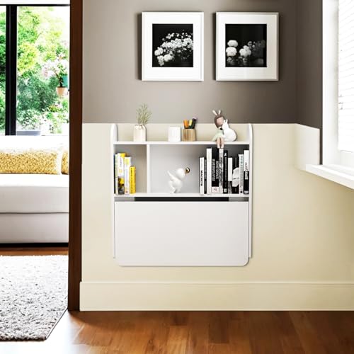 Wall Mounted Drop-Leaf Table, Floating Laptop Desk, Folding Table with Shelves, Multifunctional Computer Workstation with Storage Compartments in Home Office for Space Saving (White) - view 3