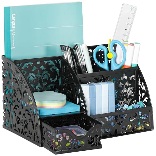 Desk Organizer and Pen Holder for Desk, Mesh Office Supplies Storage Caddy with Drawer for Small Space, Desktop Organizer for Home Office, Black