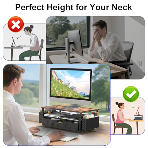 Computer Monitor Stand with Drawer and 2 Pen Holders, Wood - view 4