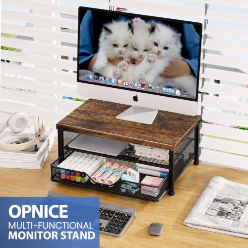 Computer Monitor Stand Riser, Desk Organizer with Drawer, Printer & Laptop Stand, Office Desk Accessories & Workspace Desktop Organizers Storage for Office Supplies(Brown) - view 2