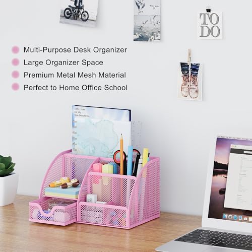 Mesh Desk Organizer with Drawer Multi-functional Pen Holder Stationery Organizer for Office School Supplies 6 Compartments Dorm Organizers and Storage for Desk, Light Pink - view 2