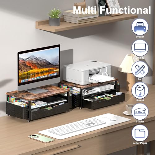 Computer Monitor Stand with Drawer and 2 Pen Holders, Wood - view 5