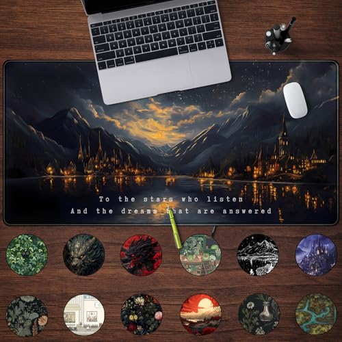 Starry Night Mountain Desk Pad Mat Moon Oil Painting XXL Black Mouse Pad for Gaming Deskpad, Aesthetic Moon and Stars Mousepad Xxl for Laptop Computer Mouse Game Keyboard Mat, 31.5 X 15.8 In - view 2