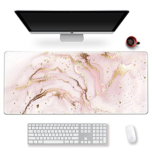Extended Gaming Mouse Pad XXL Large Keyboard Mat Long Mousepad Desk Decor Writing Pad Non Slip Rubber Base Stitched Edges for Work, Game, Office, Home, 35.1" x 15.7", Pink Marble