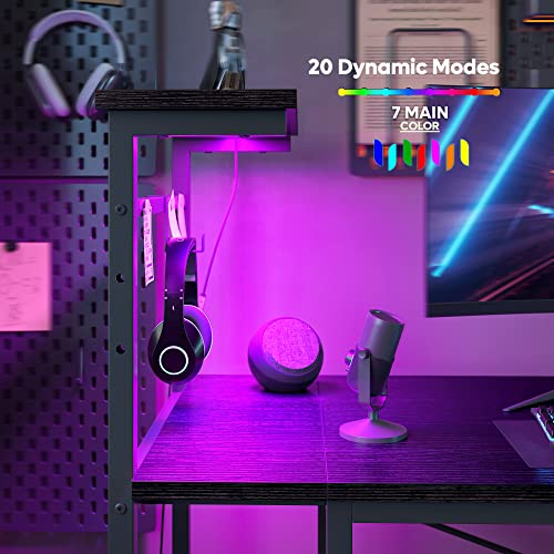 Gaming Desk with LED Lights, 51.3 Inch Computer Desk with 4 Tiers Reversible Shelves, Home Office Writing Desk with Side Storage Bag, Hooks and Height Adjustable Shelf (Black Grained) - view 4
