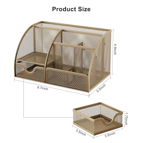 Mesh Desk Organizer with Drawer Multi-functional Pen Holder Stationery Organizer for Office School Supplies 6 Compartments Dorm Organizers and Storage for Desk, Gold - view 7