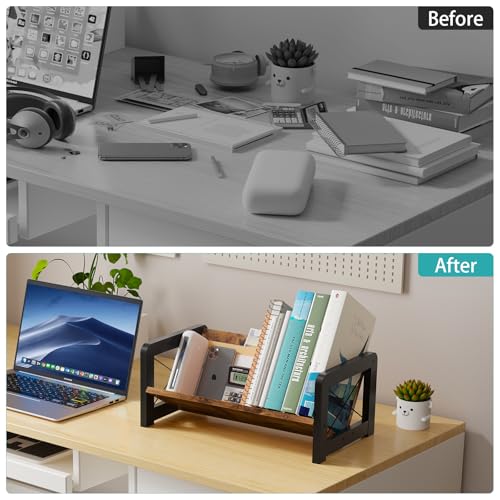 Desktop Bookshelf Organizer, Wood Slanted Desk Bookshelf, Small Tabletop Book Rack, Portable Mini Bookcase for Book Display, Cookbooks, Kids Reading, Office & Home Storage, Rustic Brown - view 5