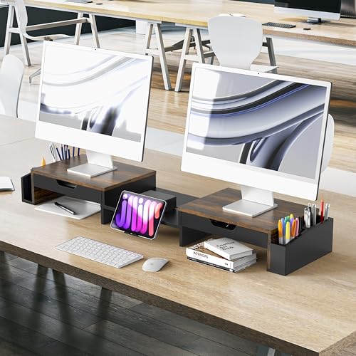Desk Dual Monitor Stand Riser with 2 Drawers, Rustic Brown - view 7