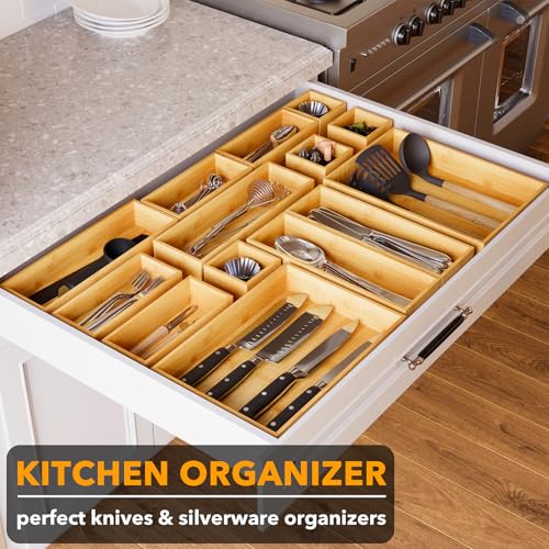 14-Piece Bamboo Drawer Organizer Storage Boxes Set, Wood Tray Junk Drawer Organizers Multi-Use Divider Bins for Kitchen, Bathroom, Office Desk and Makeup Organization (14 Pack, Natural) - view 4