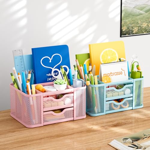 Mesh Desk Organizer, Pen Organizer with 2 Drawer, Multi-Functional Pencil Holder, Desk Organizers and Accessories with 5 Compartments + Drawer for Office Art Supplies (Blue) - view 3