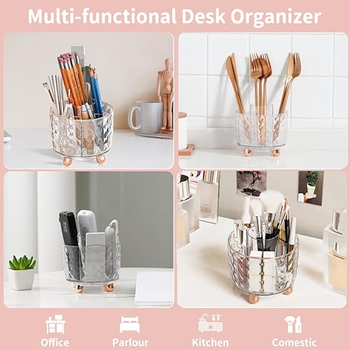 Rose Gold Desk Accessories, Office Supplies Desk Organizers 360°Pen Holder Acrylic Stapler Set, Phone Holder, Ballpoint Pen, Scissor, Binder Clips, Ruler, Transparent Glue, Sticky Note and Staples. - view 4